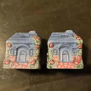 Vintage Hand Painted Dolomite Salt & Pepper Set Pink Blue Garden House Decor